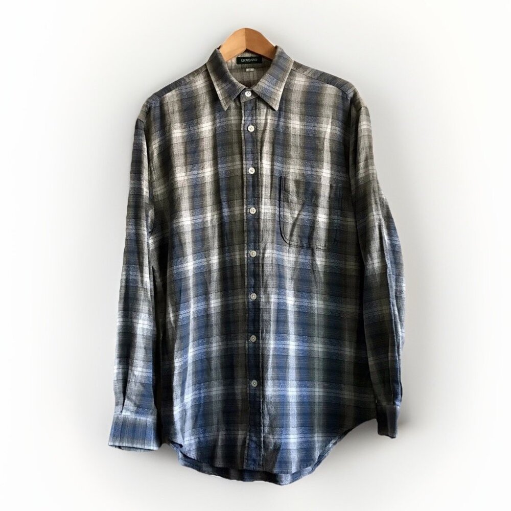 Giordano Plaid Button Up Shirt Men's XL  Blue Long Sleeve Cotton‎ Casual